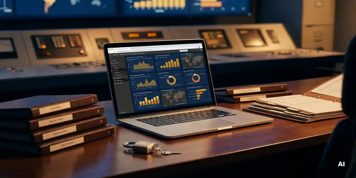 Power BI dashboard glowing on a laptop at a tidy control room desk with organized folders and a padlock, symbolizing data governance.