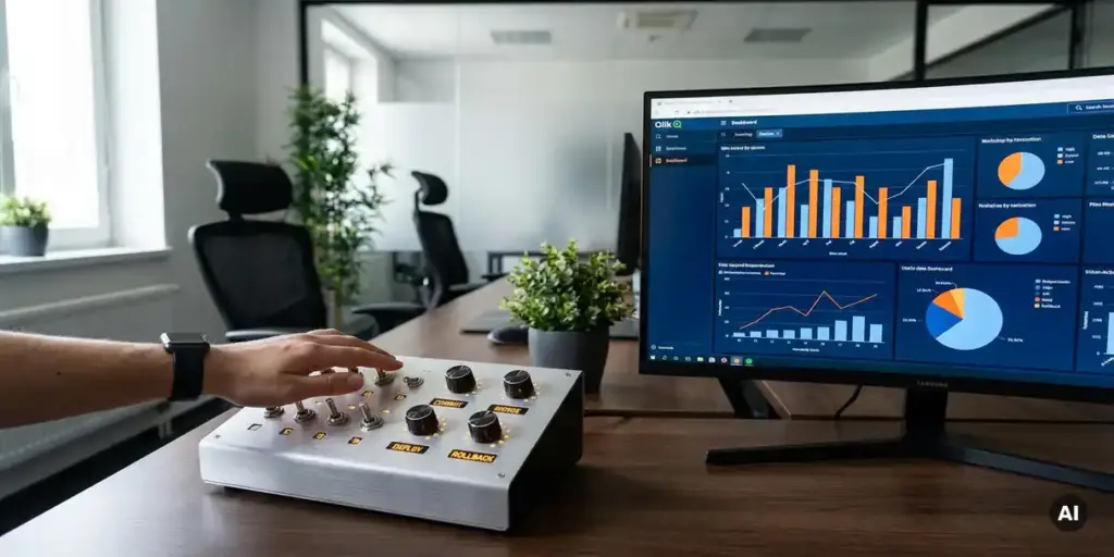 Developer's hand adjusting a version-control panel beside a monitor displaying Qlik dashboard charts in a modern software office.