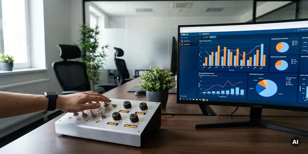 Developer's hand adjusting a version-control panel beside a monitor displaying Qlik dashboard charts in a modern software office.