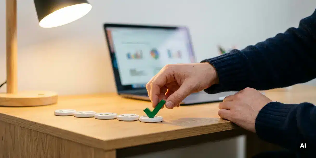 Developer placing a green checkmark token on an inspection checklist row, with a dashboard-displaying laptop glowing in the background.