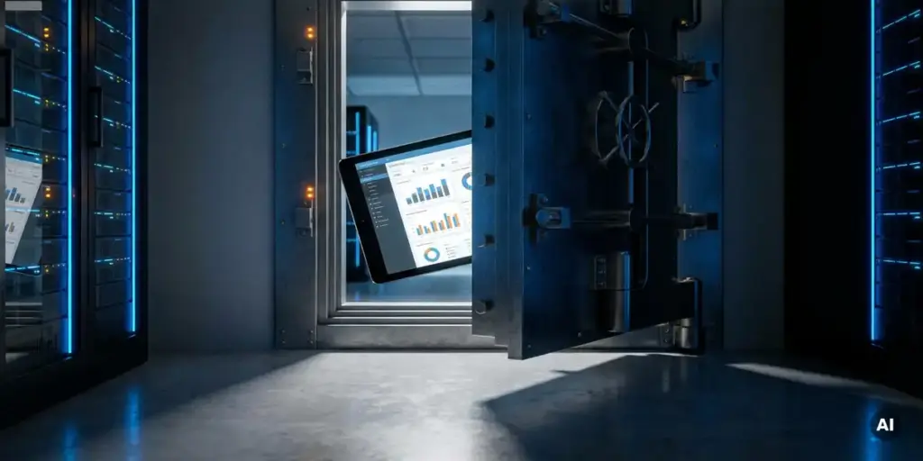 Steel vault door ajar in a modern server room with a Power BI dashboard slipping through the gap, blue ambient lighting, concrete floors.