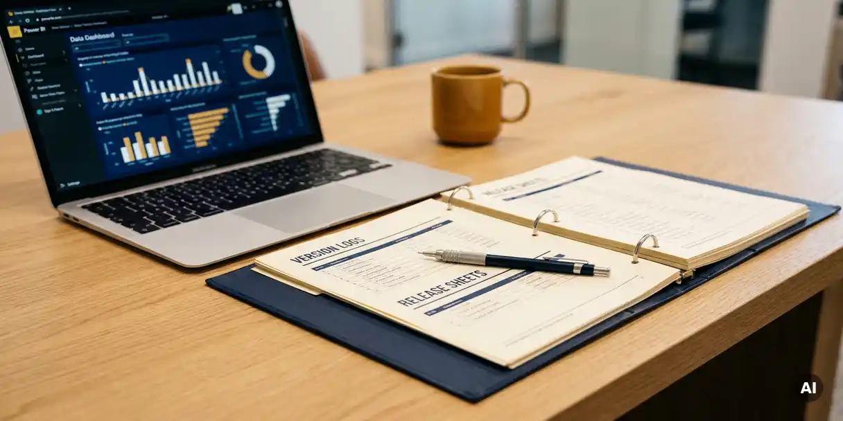 Open binder with printed version logs beside a laptop showing a Power BI dashboard on a modern desk, mechanical pen on top.